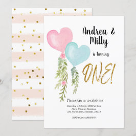 Ballon Twin Boy and Girl Birthday Invitation Kaart