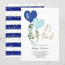 Ballon Twin Boy Baby shower Invitation Kaart