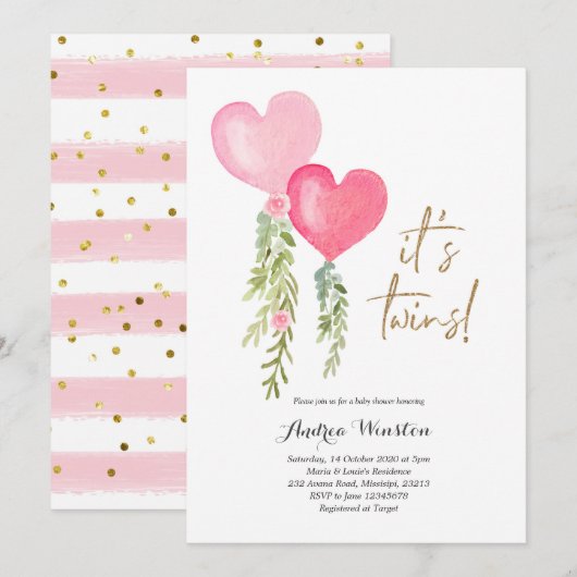 Ballon Twin Girl Baby shower Kaart (Voorkant / Achterkant)