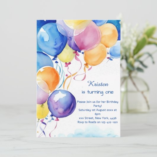 Ballon Waterverf Verjaardagsuitnodiging Kaart (Staand voorkant)