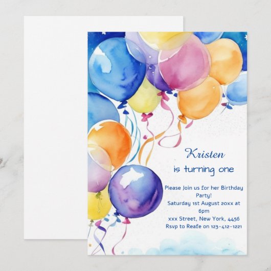 Ballon Waterverf Verjaardagsuitnodiging Kaart (Voorkant / Achterkant)