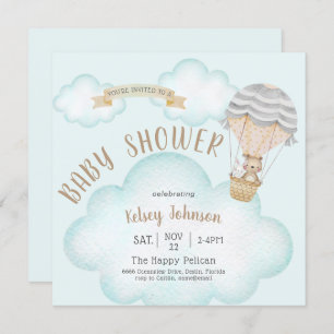 Ballon Woodland Teddy Bear Baby shower Invitation Kaart