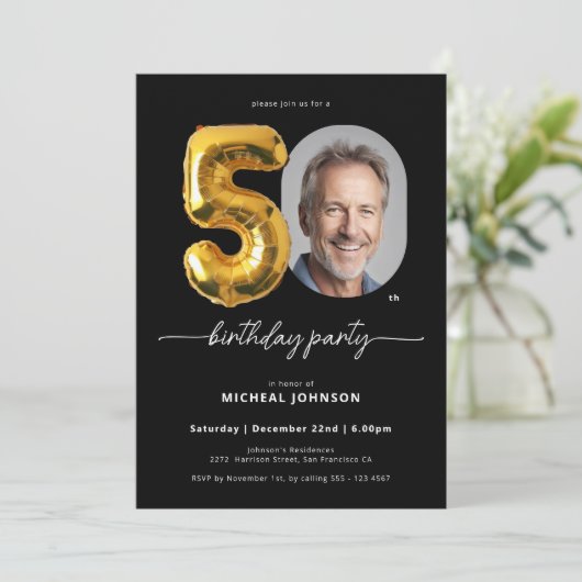 Ballon Zwart Goud 50e Verjaardag Kaart (Staand voorkant)