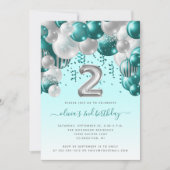 Ballonarch Blauwgroen zilvermeisjes 2e verjaardag Kaart (Voorkant)