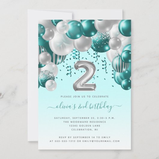 Ballonarch Blauwgroen zilvermeisjes 2e verjaardag Kaart (Voorkant)