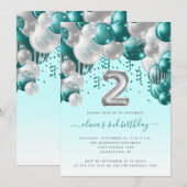 Ballonarch Blauwgroen zilvermeisjes 2e verjaardag Kaart (Voorkant / Achterkant)