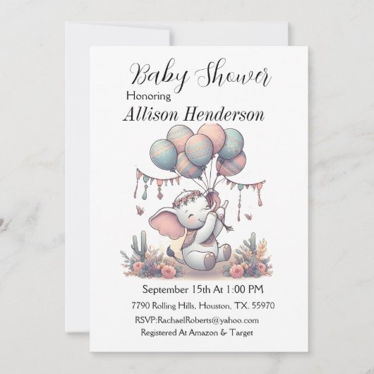 Ballonboeket en Schattig olifant Baby shower Kaart (Voorkant)