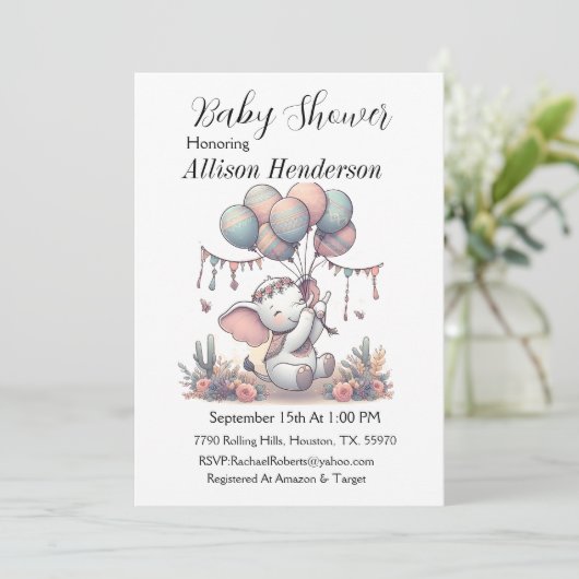 Ballonboeket en Schattig olifant Baby shower Kaart (Staand voorkant)