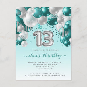 Ballonboog Teal Zilver 13e Verjaardagsfeestje Briefkaart