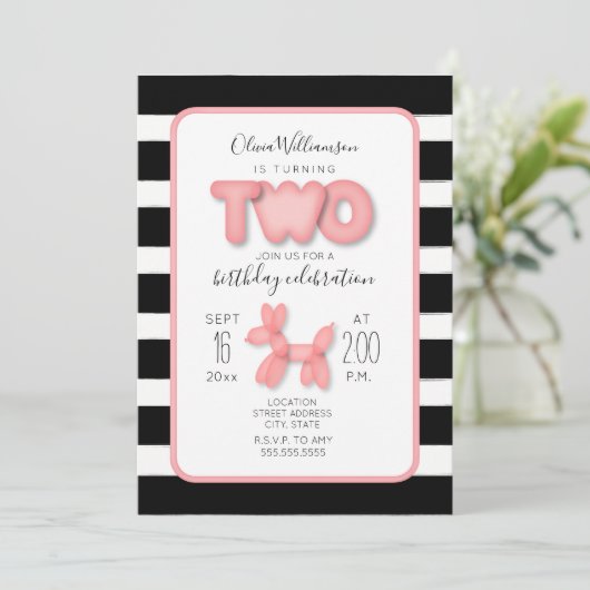 Ballondier Zwart + Wit Roze 2e Verjaardag Kaart (Staand voorkant)