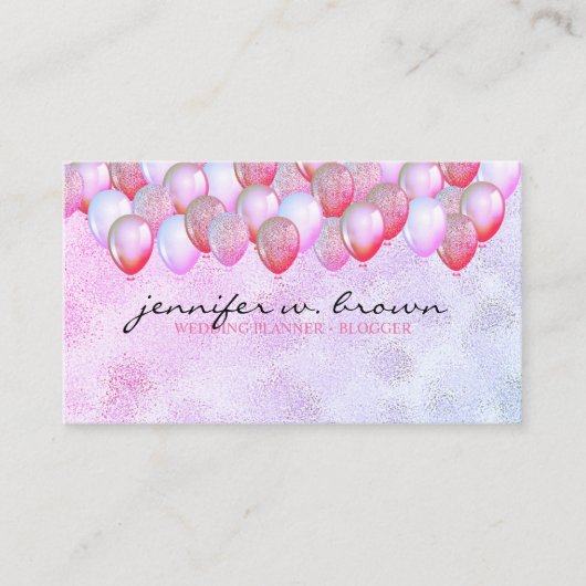 Ballonfeestplanner Glitter Roze Visitekaartje (Voorkant)