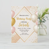 Ballongoud en blush bloemenverjaardag kaart (Staand voorkant)