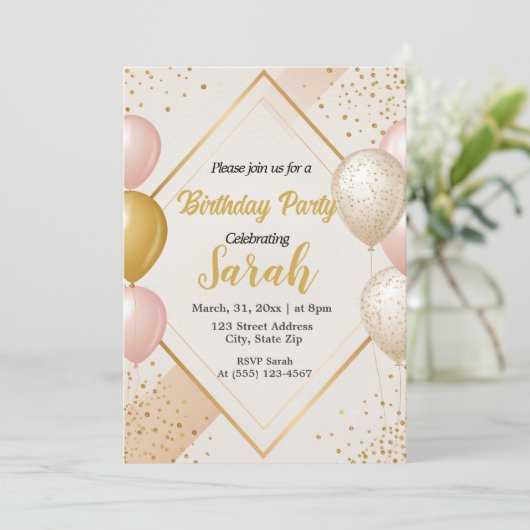 Ballongoud en blush bloemenverjaardag kaart (Staand voorkant)