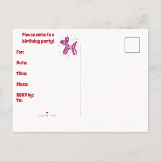 Ballonhondenfeestje Uitnodiging Briefkaart (Achterkant)