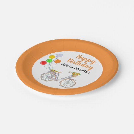 Ballonmand Bloemfiets Elke leeftijd Verjaardag Papieren Bordje (Gekanteld)