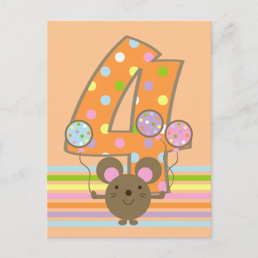 Ballonmuis Sinaasappel 4e verjaardag Briefkaart (Voorkant)
