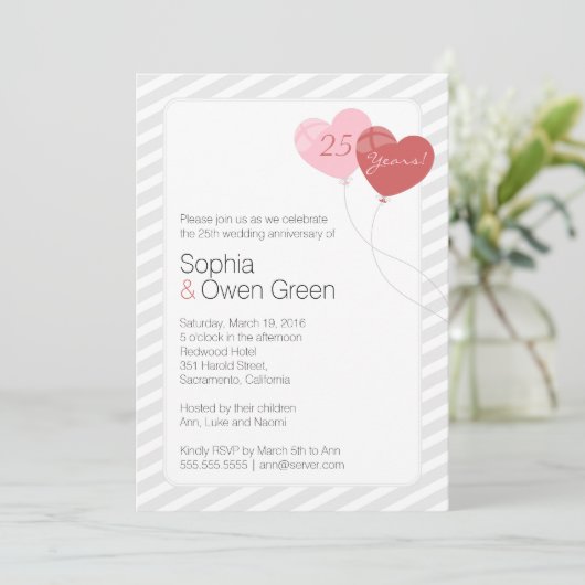 Ballonnen 25e bruiloft feestje kaart (Staand voorkant)