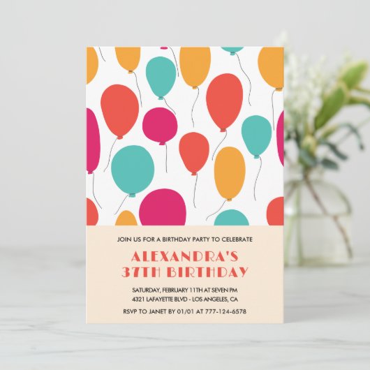 Ballonnen 37e verjaardag uitnodigingen Kleurrijk (Staand voorkant)