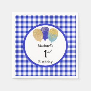 Ballonnen & Blauwe Gingham 1e Verjaardag Servet