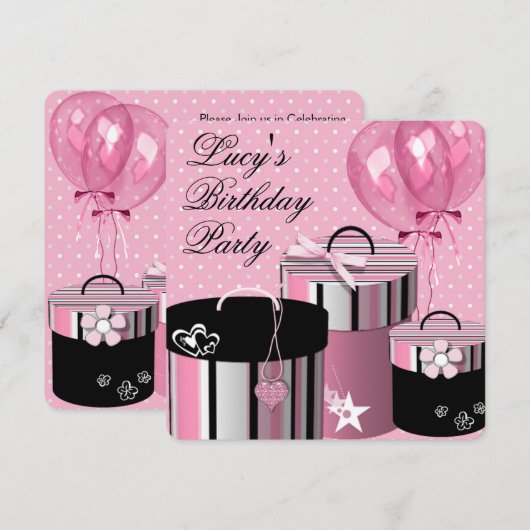 ballonnen cadeau roze en zwart verjaardagsfeestje kaart (Voorkant / Achterkant)