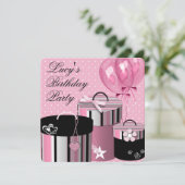  ballonnen cadeau roze en zwart verjaardagsfeestje kaart (Staand voorkant)