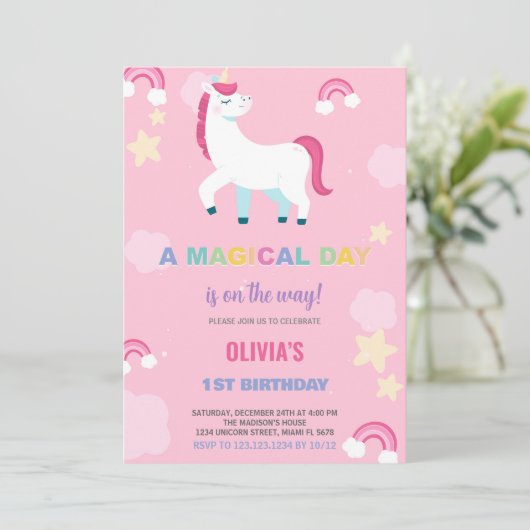 Ballonnen Eenhoorn Verjaardag Uitnodigingen (Staand voorkant)