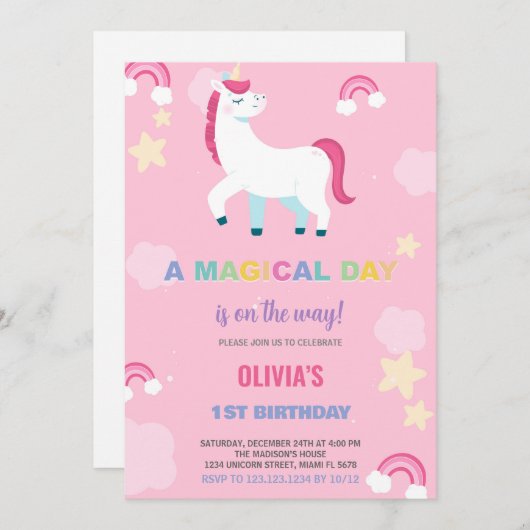 Ballonnen Eenhoorn Verjaardag Uitnodigingen (Voorkant / Achterkant)