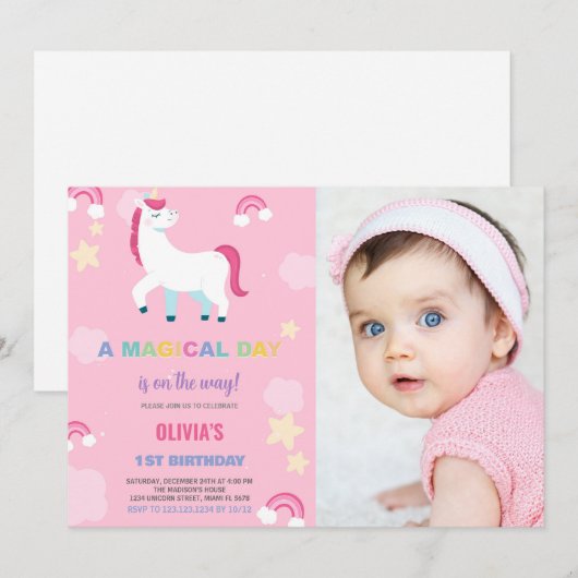 Ballonnen Eenhoorn Verjaardag Uitnodigingen met fo (Voorkant / Achterkant)