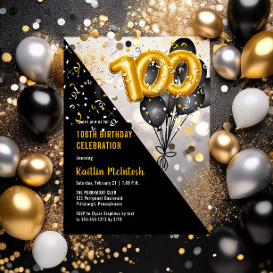 Ballonnen Elegant Zwart   Goud 100ste Verjaardagsf Acryl Uitnodigingen