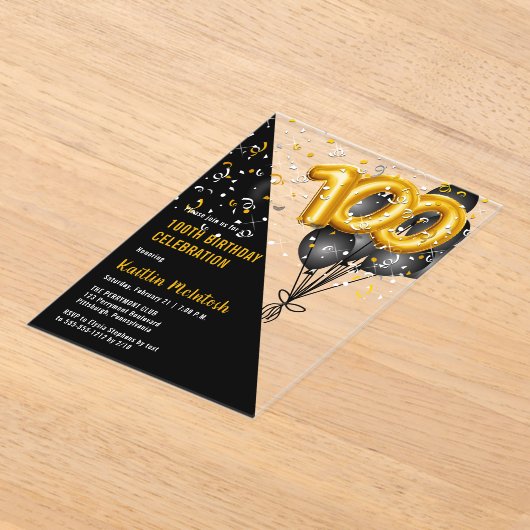 Ballonnen Elegant Zwart | Gouden 100ste verjaardag Acryl Uitnodigingen (Laagn)