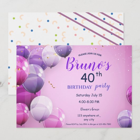 Ballonnen en Confetti verjaardagsuitnodiging Kaart (Voorkant / Achterkant)