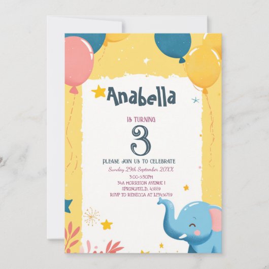 Ballonnen en Elephant Yellow Kids Verjaardagsfeest Kaart (Voorkant)