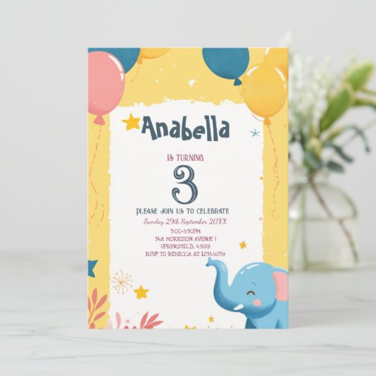 Ballonnen en Elephant Yellow Kids Verjaardagsfeest Kaart (Staand voorkant)