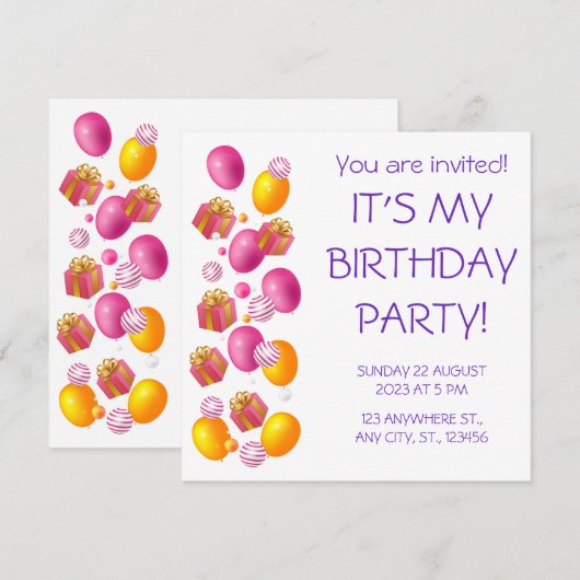 ballonnen en geschenken. Elegant jarig Kaart (Voorkant / Achterkant)