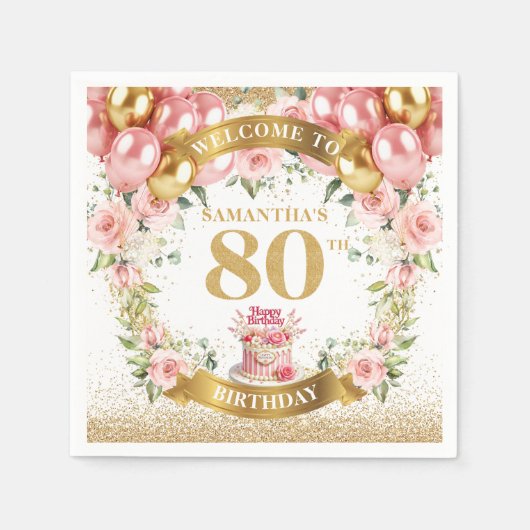Ballonnen en glitter 80ste verjaardag partij serve servet (Voorkant)