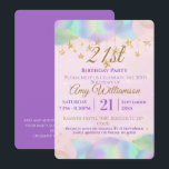 Ballonnen en sterren roze 21ste verjaardagsfeest kaart<br><div class="desc">Een mooie 21e verjaardagsfeestje Uitnodiging. Het ontwerp is voorzien van gouden glittersterren en pastel iriserende ballonnen op een bleke roze achtergrond met paarse en goudkleurige tekst. Een prachtig ontwerp dat uw gasten uitnodigt voor een 21e verjaardagsfeest. Eenvoudig aan te passen met uw eigen feestdetails. Alle teksten kunnen zo nodig worden...</div>