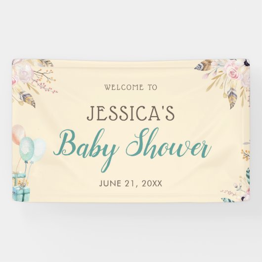 Ballonnen en veren Boho Baby shower Spandoek (Horizontaal)