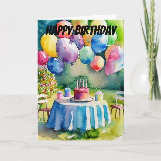 Ballonnen en verjaardagstaart in achtertuin Waterv Kaart (Voorkant)