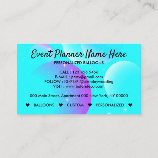 Ballonnen Event Party Planner Decoratie Blauwgroen Visitekaartje (Achterkant)
