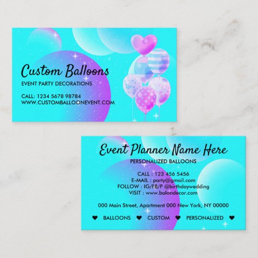 Ballonnen Event Party Planner Decoratie Blauwgroen Visitekaartje (Voorkant / Achterkant)