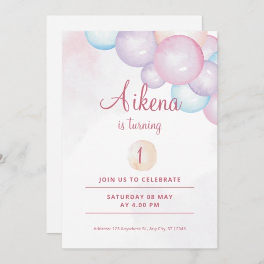 Ballonnen feest 1e verjaardag kaart (Voorkant / Achterkant)