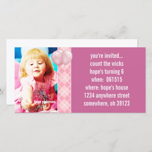 Ballonnen Framboos Argyle Verjaardags Uitnodiging (Voorkant / Achterkant)