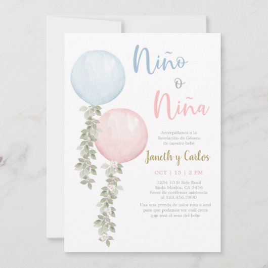 Ballonnen Geslacht Onthullen Spaans Kaart (Voorkant)