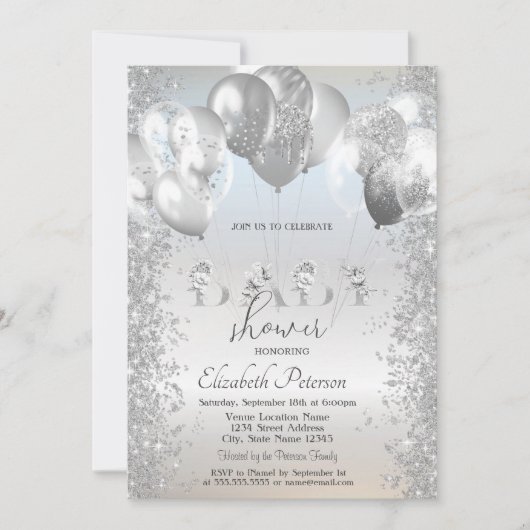 Ballonnen Glitter Confetti Zilver Baby Shower Kaart (Voorkant)