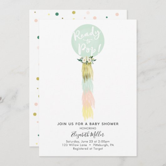 Ballonnen klaar voor Pop Baby shower uitnodiging (Voorkant / Achterkant)