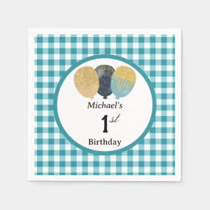 Ballonnen & Lichtblauw Gingham 1e Verjaardag Servet