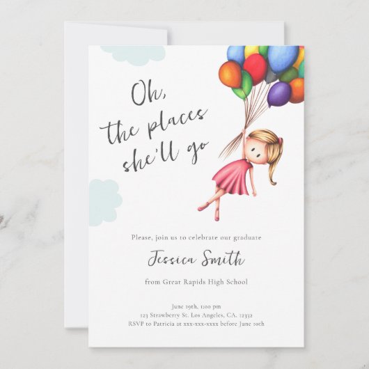 Ballonnen meisje middelbare school afstudeerfeest kaart (Voorkant)