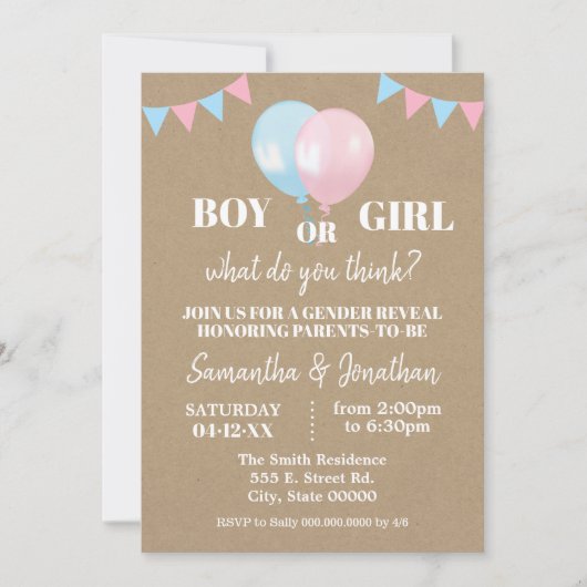 Ballonnen onthullen geslacht jongen of meisje baby kaart (Voorkant)