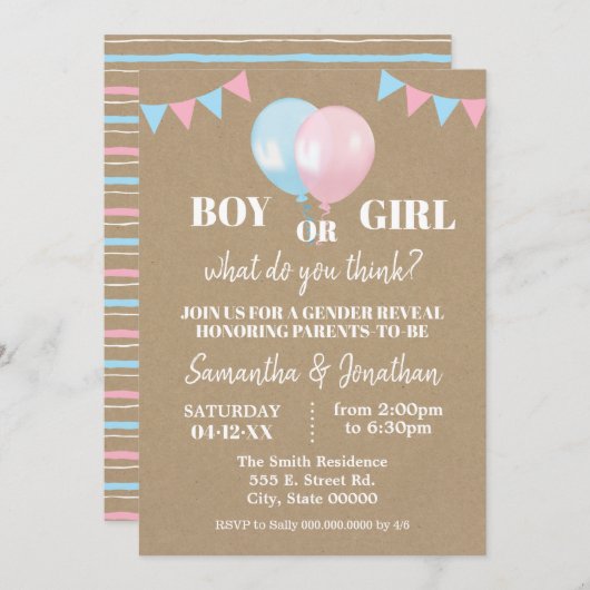 Ballonnen onthullen geslacht jongen of meisje baby kaart (Voorkant / Achterkant)