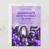 Ballonnen Paarse 105e verjaardagsuitnodiging Kaart (Voorkant)